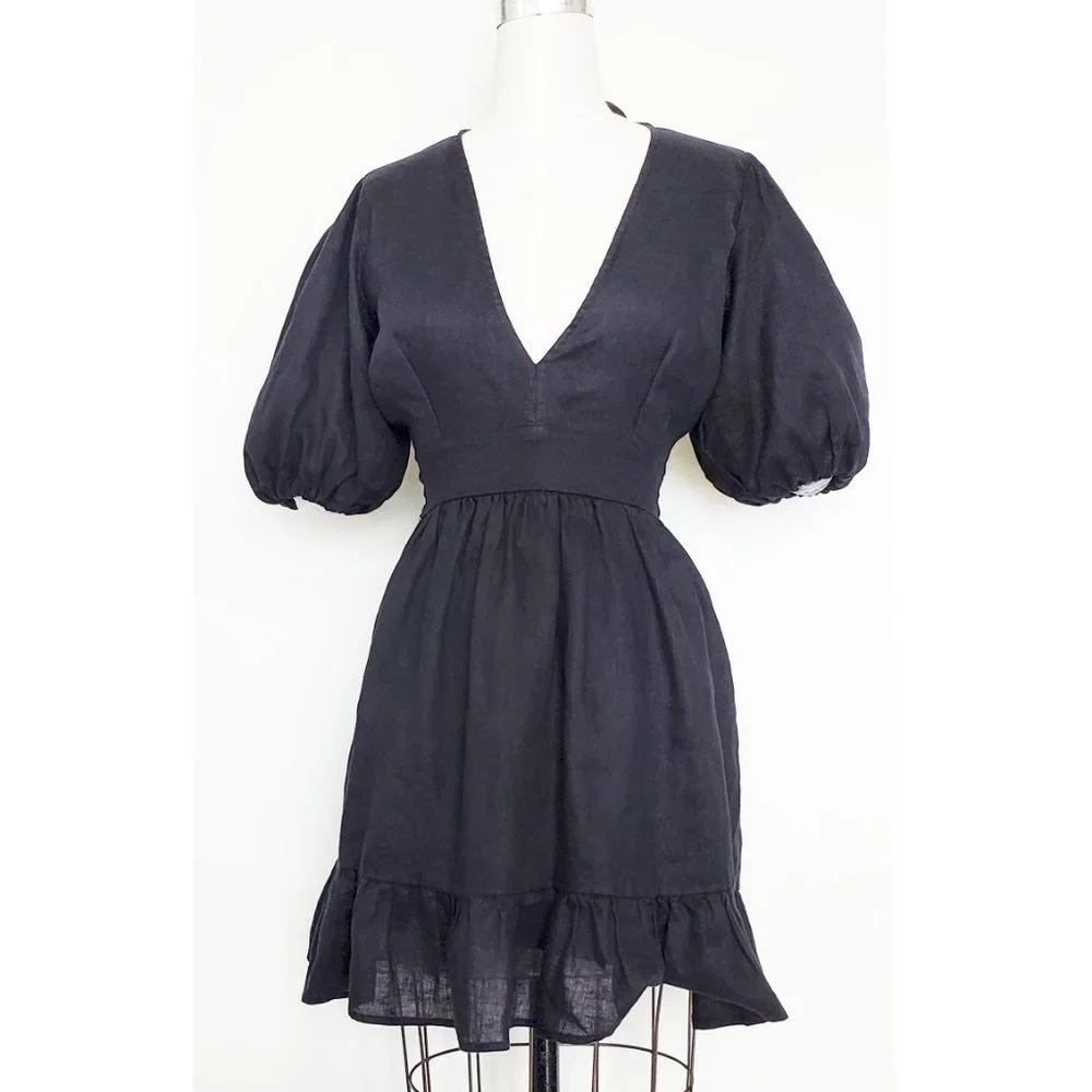 Faithfull The Brand Womens Black Linen Tie Back Dress Balloon Sleeves 6 - Picture 11 of 11